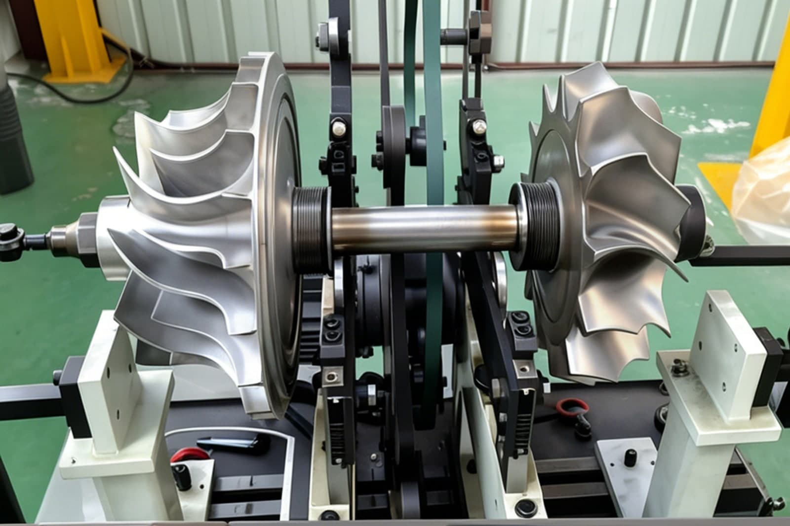 RH163 turbocharger rotor placed on the dynamic balancing bench