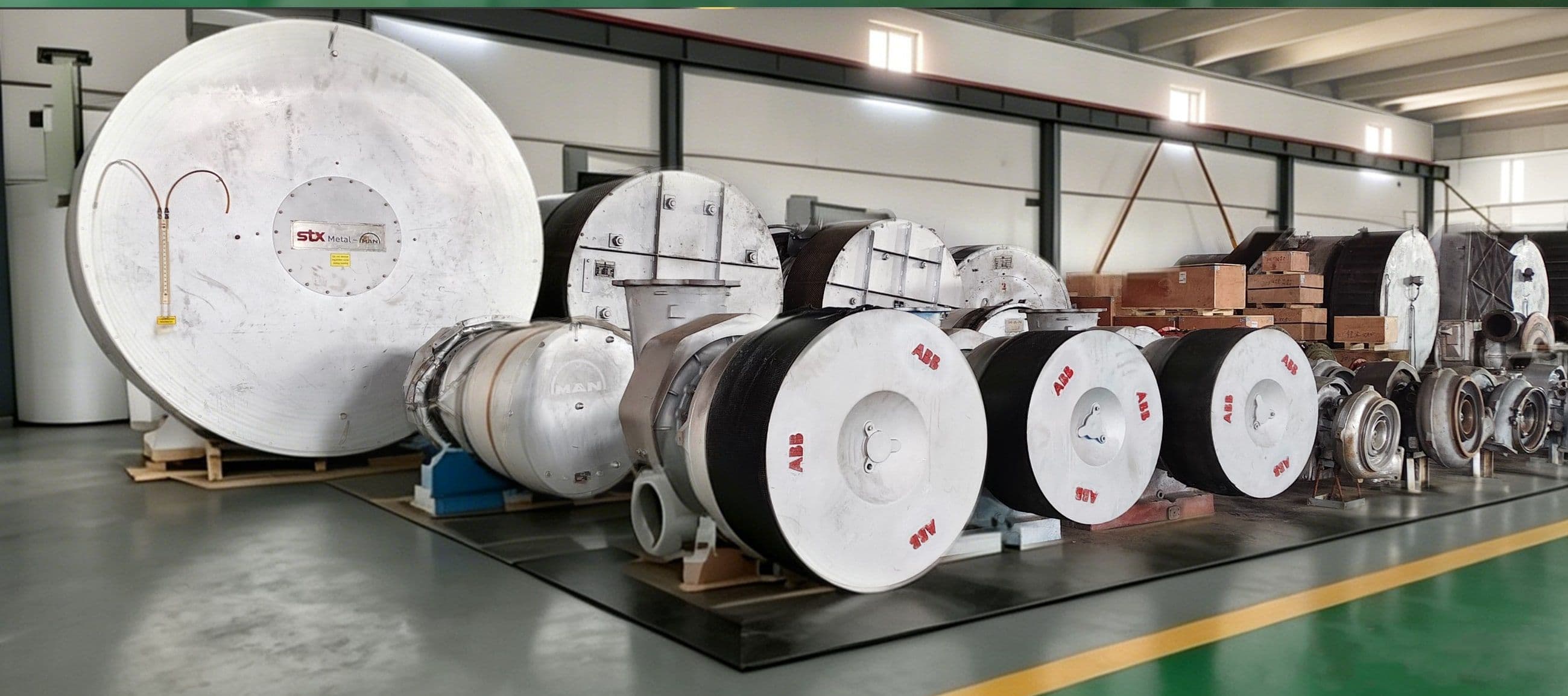 Complete turbocharger units and spare parts arranged neatly in the workshop