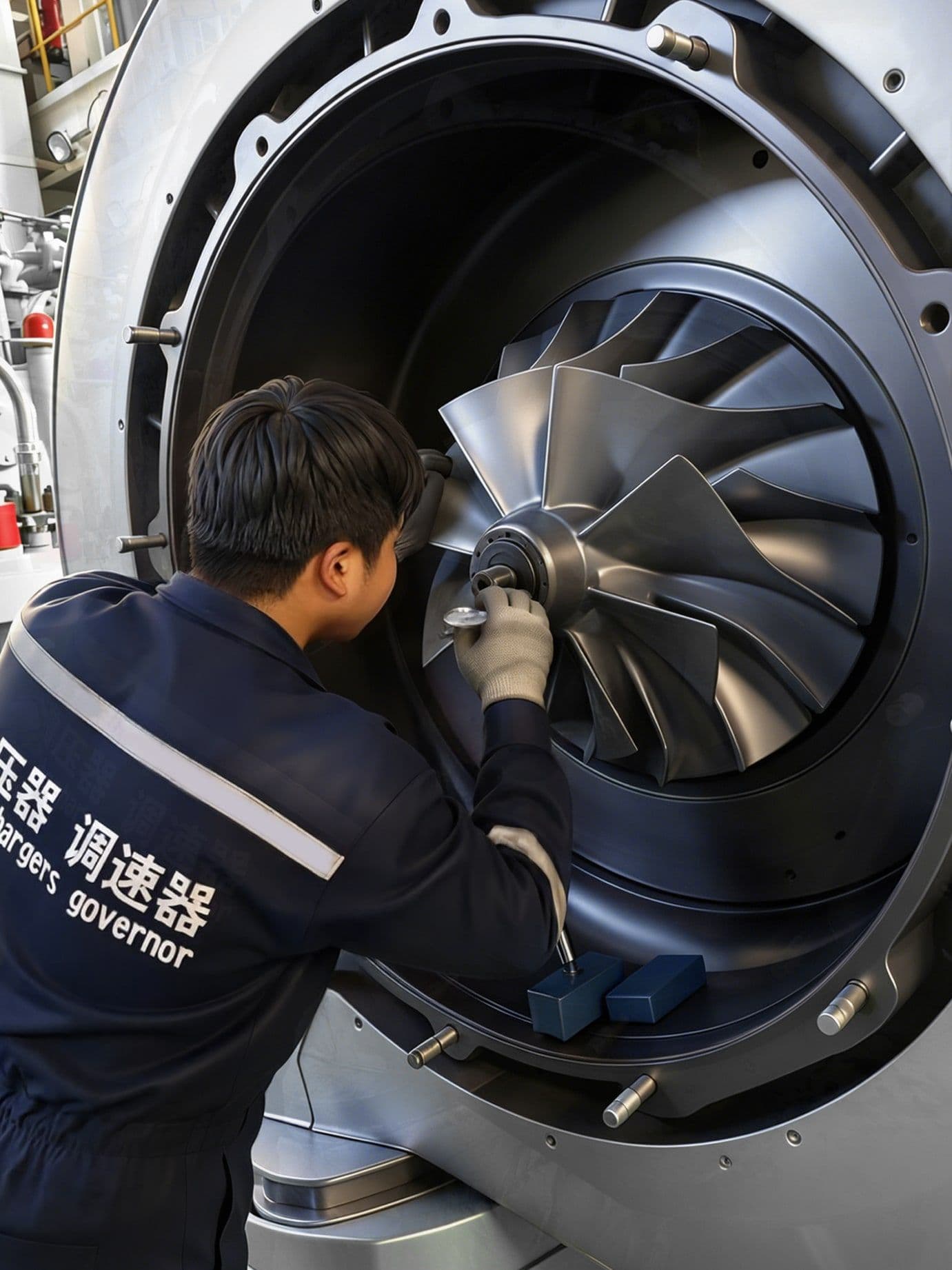 Engineer inspecting a turbocharger onboard a vessel