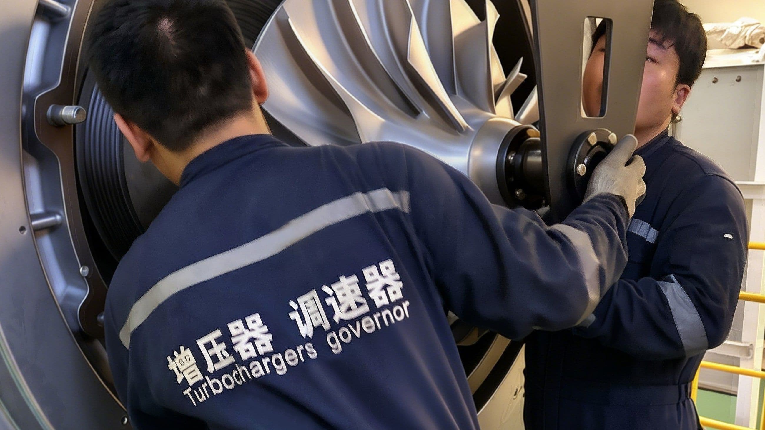 Engineer inspecting a large marine turbocharger rotor