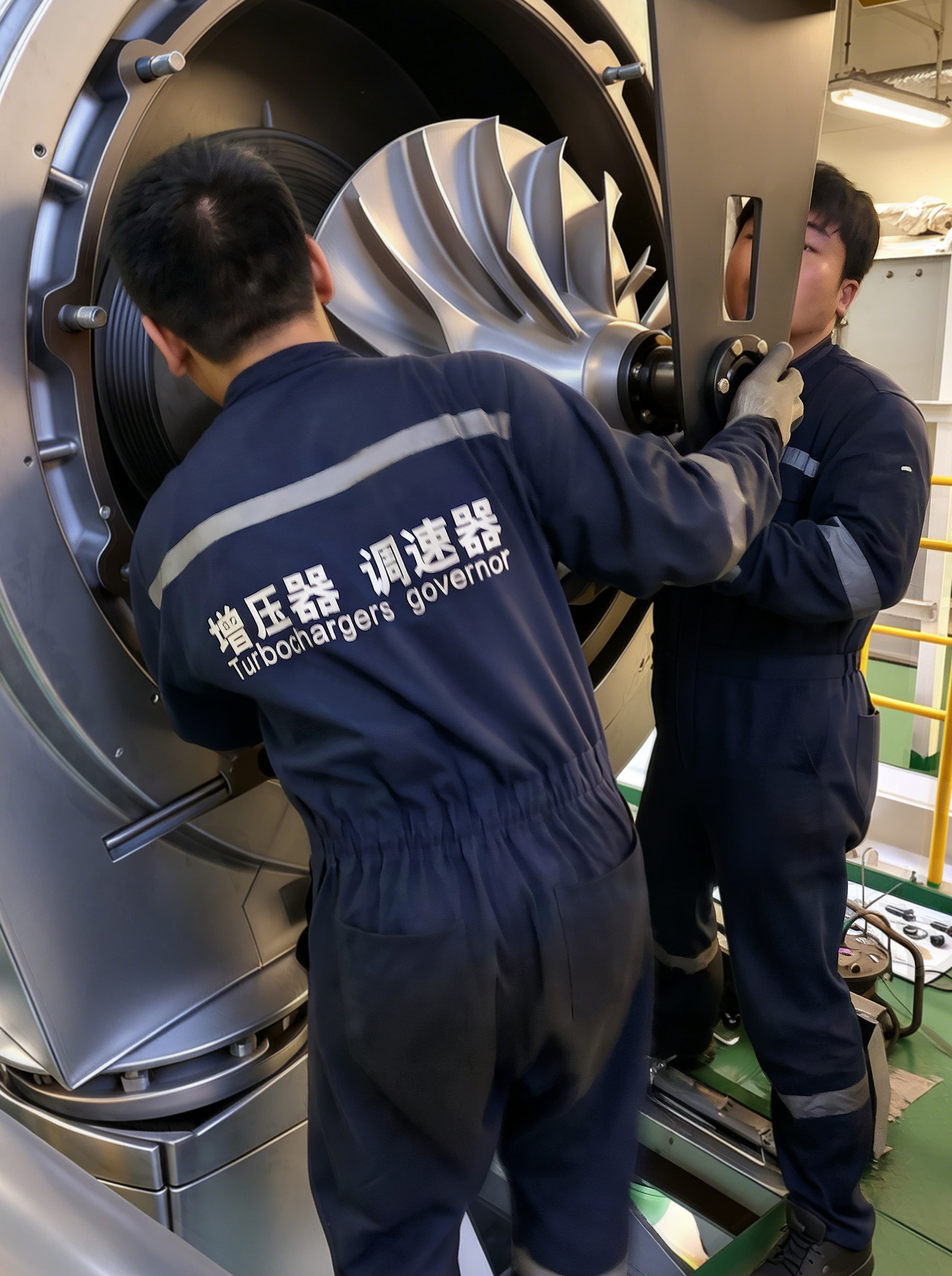 Engineers inspecting a large marine turbocharger in the workshop