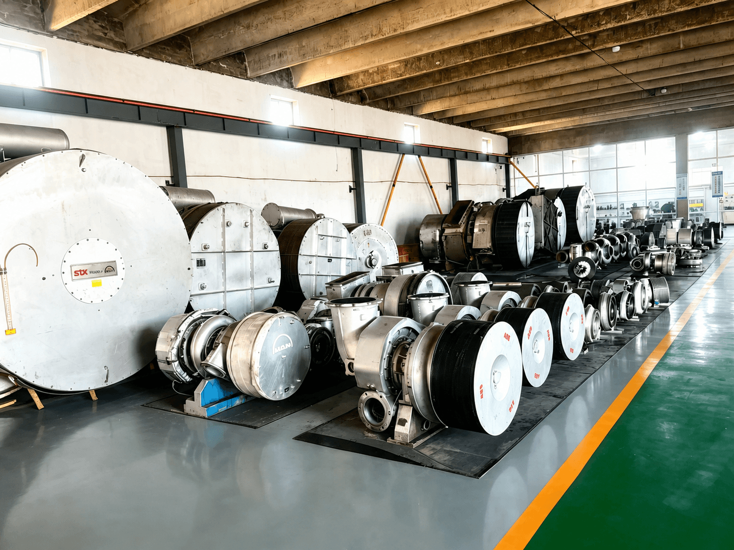 Complete turbocharger units arranged neatly in workshop stock
